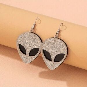 Alien Glittery Silver Dangle Earrings